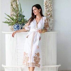 Julia Amory caftan Coatue White Cotton Caftan Dress with Tan Floral Embroidery